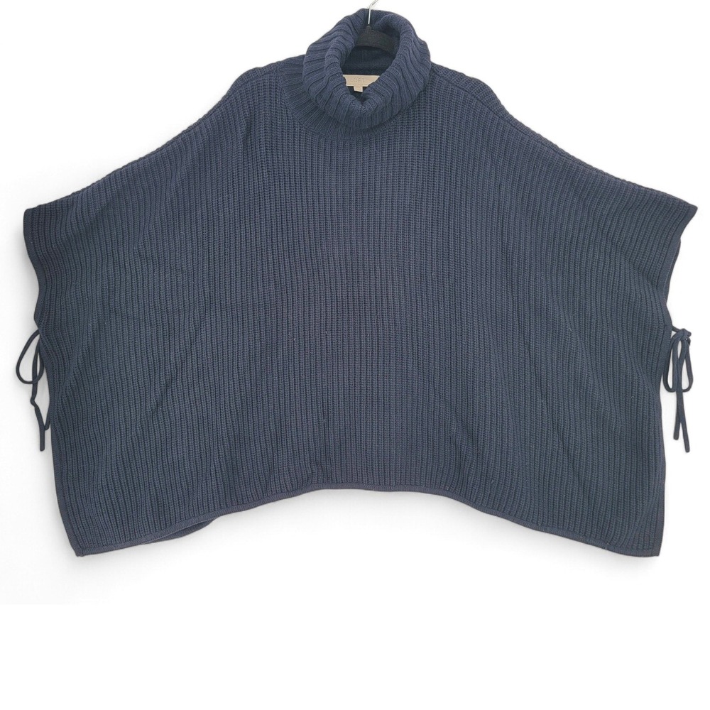 LOFT Wool Blend Poncho Cape Sweater XS/S Navy Turtleneck Side Tie‎ EUC Cozy